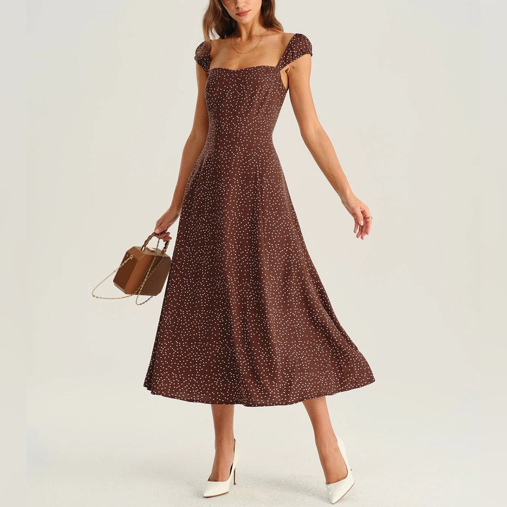 Rihoas Brown Polka Dot Cap Sleeve Midi Dress